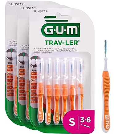 GUM TRAV-LER Scovolini interdentali | manico flessibile | pulizia profonda tra i denti e rimozione della placca | 0.9 mm, ISO 2 | Taglia S | Confezione 3x6