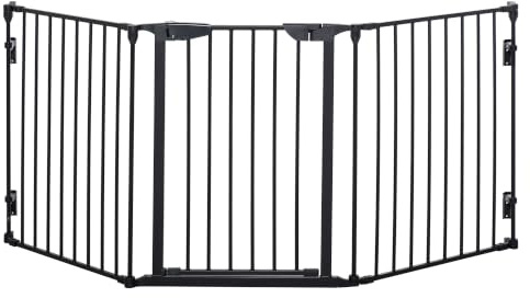 PawHut Pet Safety Gate Metal Fence 3 Panels Automatic Closing Door Black | Playpen Fireplace, Foldable, Stair Barrier, Room Divider, Fire Guard