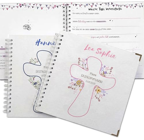 Feenstaub Gästebuch Konfirmation Kreuz, Erinnerungsbuch mit Fragen zum Ausfüllen 25x25 cm, für Glückwünsche, Fotos, Erinnerungen, passend auch für Kommunion, Firmung, Jugendweihe, Mädchen & Junge