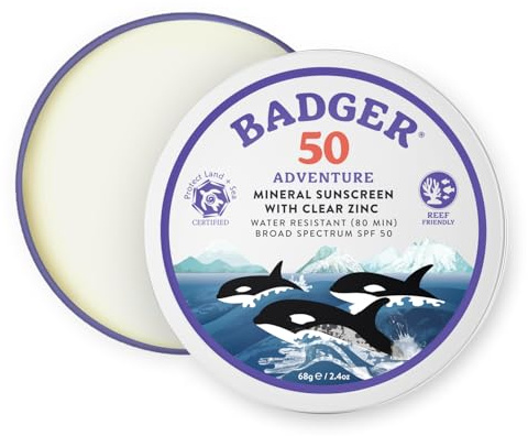 Badger Reef Safe Mineral Sunscreen, SPF 50, 98% Organic with Zinc Oxide, Non Toxic, Water Resistant, Unscented & Hypoallergenic, Broad - Spectrum, For Adventure, Travel & Sport, 2.4 oz Tin