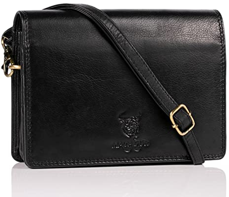 MATADOR Handytasche zum Umhängen Leder Damen Schultertasche Portmonnaie Tasche Handtasche Schwarz Nappa Geldbeutel mit Kartenfächer mit RFID Schutz