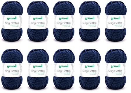 Gründl Wolle King Cotton Baumwolle 10 Knäuel 50 g, marine | dicke Wolle zum Stricken - Strickgarn - Häkelgarn - 55 % Polyacryl, 45 % Baumwolle - 50 g / 78 m - Nadelstärke 6-7
