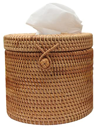 Nicoone Rattan Taschentuchbox Abdeckung Runder Toilettenpapierhalter mit Deckel Toilettenpapierhalter für Badezimmer Waschtisch Heimdekoration