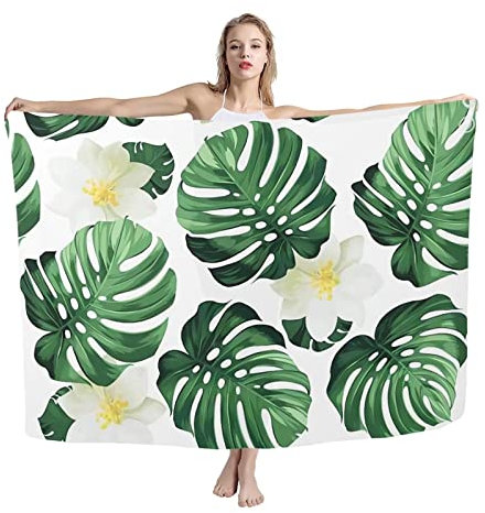 COEQINE Damen Strand Badeanzug Cover Ups Wickelrock Sommer Bikini Pareo Sarong Sonnenschal Wrap, Grüne Palmenblätter, onesize