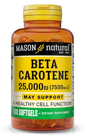 Mason Natural Vitamin A Beta Carotene 25,000 IU, Supports Vision, Cell Function & Immune Health, 100 Softgels, Pack of 3