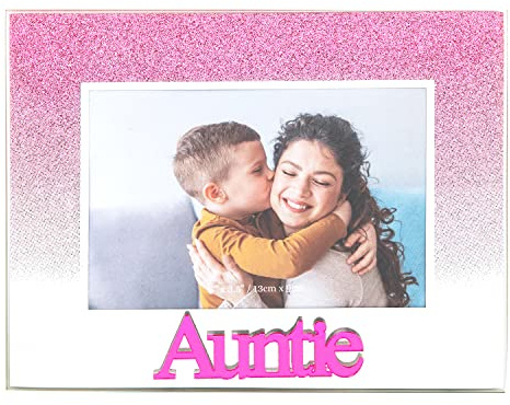 Happy Homewares Modern Pink Glitter Effect Auntie Glass Picture Frame with 3D Acrylic Letters - 5 x 3.5 | Freestanding Horizontal Frame