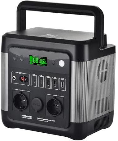 Sunstonepower 1200W Powerstation 999Wh Lithium Akku Mobiler Stromspeicher & Solar Generator mit 2 x 1200W AC-Steckdosen für Campingreisen, Garten, Balkon, Heimwerken und Notstromaggregat
