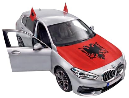 Auto Fahnen Albanien Set - Motorhauben Fahne & 2 Autofahnen für Fenster, Fußball Fanartikel FZG für EM & WM, Albanische Flagge Deko Set