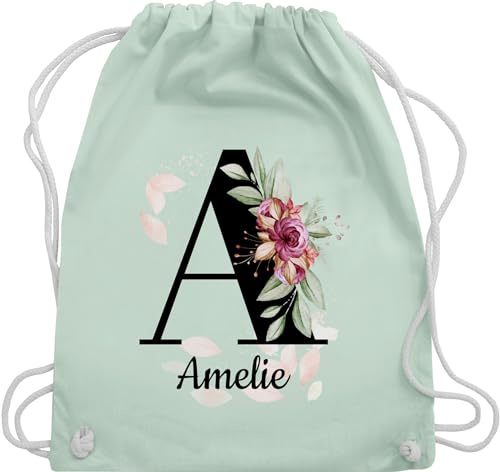 Turnbeutel Rucksack - Buchstabe anpassbar mit Name I Geschenk Initialen - Unisize - Pastell Grün - jga beutel blumen stoffbeutel schule personalisierte buchstaben a beuteltasche kita tasche