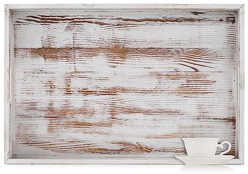 Hanobe Deko Tablett Serviertablett Groß: Holztablett Rechteckig Extra Großes Rustikal Weiß Holz Dekotablett mit Henkel Servierplatten XXL Landhaus für Ottomane Wohnzimmer Küche 55x40 cm