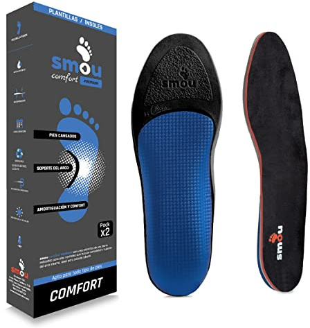 Plantillas Gel Hombre trabajo con soporte del arco – Plantilla memory foam y base rigida SMOU Comfort Premium – Gran amortiguación y antiolor – Para zapatos, deportivas y botas (43-44)