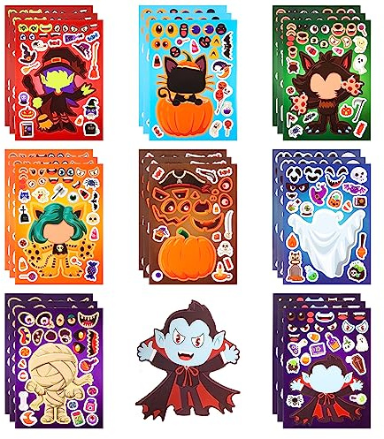 24 Blatt Aufkleber Halloween Kinder, 8 Stile Aufkleber für Halloween-Partyspiele Süßes Oder Saures Kürbis Geist DIY Lustig Halloween Make-a-Face Aufkleber für Halloween Partygeschenke