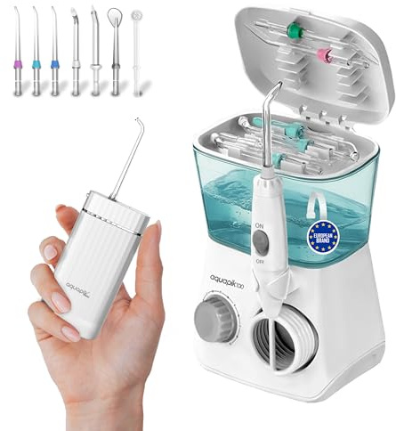 Pack de Irrigadores Dentales Aquapik: sobremesa + Mini Portátil | Recomendado por dentistas + Elimina la Placa + Cuida tus Implantes y Ortodoncia |Higiene Bucal Profunda (A. Blanco-Blanco)