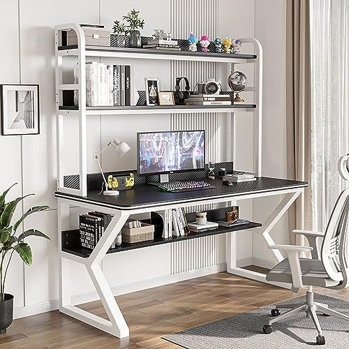 GArcan Computertisch mit Stall und Regal, PC-Studientisch, Heimbüro, Arbeitstisch für Erwachsene/Studenten (31 Zoll, schwarz + weißer Rahmen)