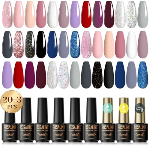 ROSALIND UV Nagellack Set,23 Stück Mini Farbgel für Gelnägel Nackt Rosa Silber Schwarz Glitzer Gel Nagellack Set, Soak Off Natur Gellack für Anfänger Nail Art Maniküre Salon