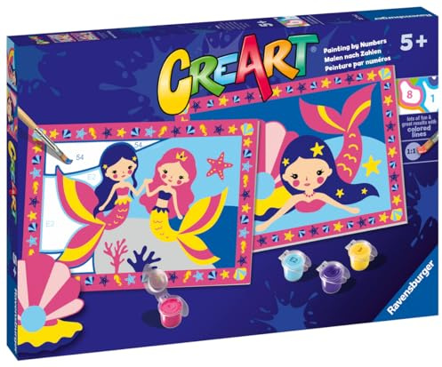 Ravensburger CreArt 5 Years Junior: Magische Meerjungfrauen — Malen mit Zahlen für Kinder ab 5 Jahren, Malset mit 2 Brettern, ergonomischem Pinsel und Farben, 32x22 cm, Geschenkideen