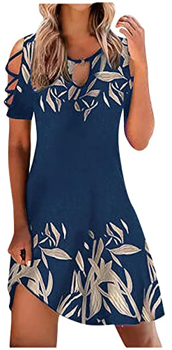 Zeiayuas Women's Summer Cold Shoulder Short Sleeve Midi Dress Ladies V Neck Elegant Mini Dresses Party Beach Evening Prom Dress Floral Print Casual Sundress UK