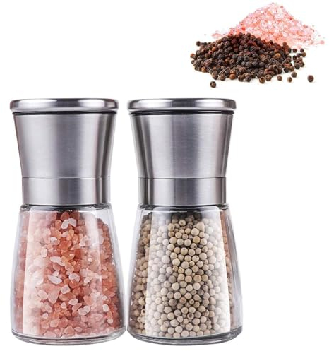 Salt and Pepper Grinder Set - 2Pack Stainless Steel Salt Manual Pepper Mills with Adjustable Coarseness for Spices and Seeds Fits in Home, Kitchen, Outdoor (No Salt and Peppercorns) - Short