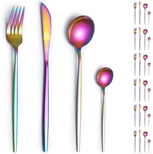 Cutlery Sets 24 Pieces Service for 6, ReaNea Rainbow Titanium Plating Flatware Set, Include Dinner Knives, Dinner Spoons, Dinner Forks, Teaspoons, Dishwasher Safe