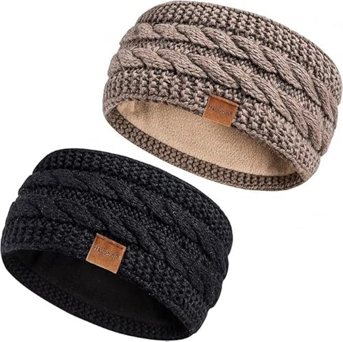 Hatromm Winter Headbands for Women Wool 2 Pack, Ear Warmers for Women Headband Knit Thick Fleece Lined, Cold Weather Warm Ear Muffs(Black+Khaki)
