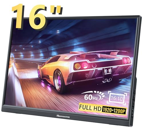 Showscren Portable Monitor 16inch, Full HD 1920X1200P Display 300cd/Brightness,60Hz IPS LCD Panel,100% RGB, Built-in Speaker, HDMI USB C Portable Monitor for Laptop PC PS3/PS4 Raspberry Pi
