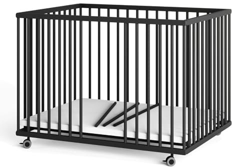 Sämann Laufstall Baby 75x100 cm mit Matratze und 3 Schlupfsprossen | TÜV geprüft 2024 | stufenlos höhenverstellbar | Laufgitter Premium | Babybett aus Holz | Krabbelgitter Black Edition