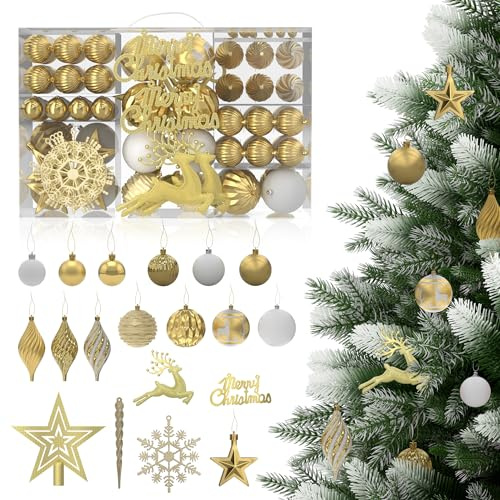 XMTECH 108er Set Gold Weihnachtskugeln Christbaumschmuck Baumkugeln, Bruchsicherer Weihnachtsbaumkugeln mit Kugelhaken Glitzerkugeln Christbaumkugeln, für Weihnachtsdeko, Party, Hochzeit & Jubiläum