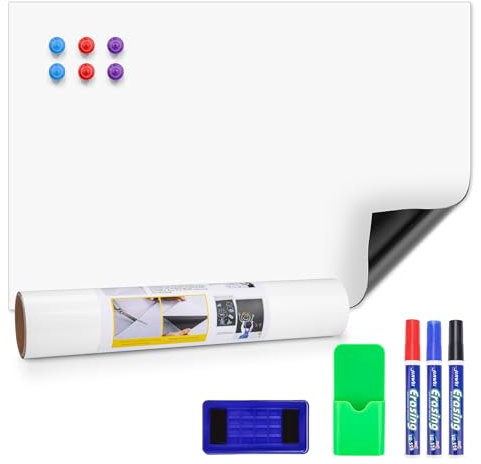 JEFURE Papier Tableau Blanc Magnétique, 40×60 cm Tableau Aimanté, Tableau Blanc Effacable avec Marqueur et Éponge, Tableau Magnétique DIY pour Surfaces Lisses Dans Les Écoles, Les Bureaux et La Maison