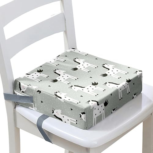 Surwin Rutschfeste Sitzerhöhung Stuhl Waschbar Kind Sitzkissen Stuhl mit Sicherheits Schnalle, Cartoon Tier 3D Sitzkissen Kinder Tragbare Sitzerhöhung Zerlegbar Sitzhilfe (Weißes Pferd,40x40x10cm)