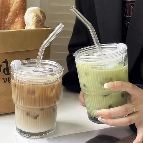 Bicchieri in vetro con coperchio e cannuccia, 400 ml, bicchieri da caffè, bicchieri da birra, bicchieri da viaggio, bicchiere per smoothie, design a prova di perdite, per caffè, cocktail, tè, 2 pezzi