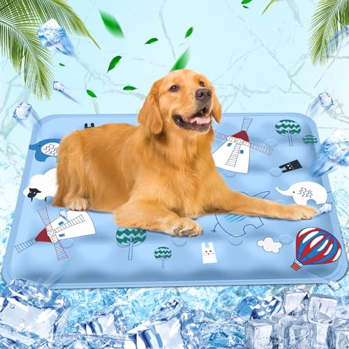 Huifengjie Hundematte & Katzenmatte, Waschbares Hundebett, wassergefüllte Kühlmatte, für Zuhause Unterwegs oder im Auto Kühlkissen Pad Hunde, 60×90 cm, XL,Blaue Windmühle