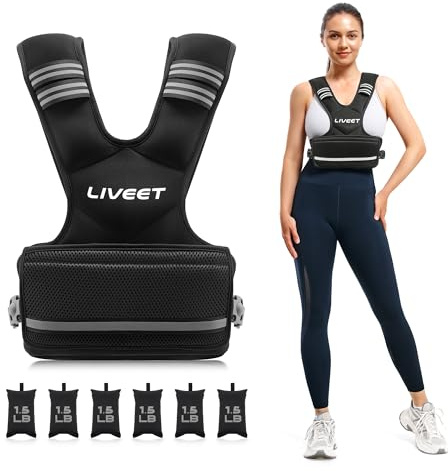 Liveet Verstellbare Gewichtsweste für Damen und Herren, 5-9 kg Gewichtsweste mit 6 Eisensandbeuteln, Laufweste mit reflektierenden Streifen, verstellbare Schnallenriemen für Gehkrafttraining