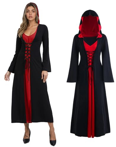 JDFAIJEAL Abito da Strega Vintage, Abito da Strega con Cappuccio da Vampiro, Abbigliamento Medievale Rinascimentale da Donna, Costume da Vampiro con Cappuccio Retrò per Carnevale di Halloween (Nero