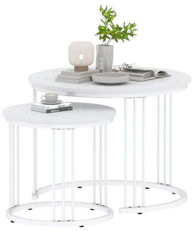 Huhote Round Coffee Tables, Set of 2 End Table, Nesting Tables, Side Table with Metal Frame for Living Room/Bedroom/Balcony/Office/Apartment, Diameter 23.6/15.7 IN (White)