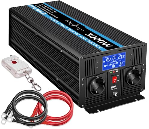 JIGUUN 3000W Inverter 12v 230v Pure Sine Voltage Converter with 30A Charger and Mains Priority Circuit & UPS, 2 EU Sockets, Wireless Remote Control and LCD Display Peak Power 6000W