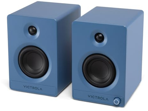 Victrola Tempo – Bluetooth-högtalare för bokhylla – Rumsfyllande ljud, Bluetooth-ingång, multihögtalare strömning med Auracast, USB-C datoringång, skivspelare ingångar, subwooferutgång (par, blå)