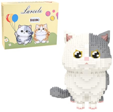 Larcele 1412 Piezas Bricolaje Micro Gato Bloques de Construcción Set para Mayores de 12 Años KLJM-05 (Gato Munchkin-Gris)