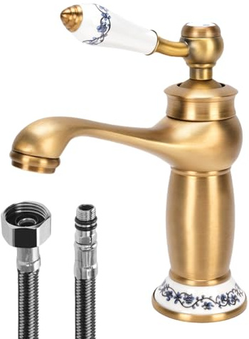 Gugxiom Antique Brass Bathroom Tap, Vintage Copper Basin Faucet | Brass Construction, Floral Pattern Decoration, for Vanity Lavatory Rv Farmhouse, Ceramic Antique, Retro, Single Handle