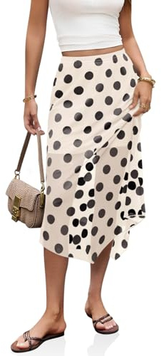 Cicy Bell Womens Summer Polka Dots Midi Skirt High Waisted Asymmetrical Hem Semi Sheer Flowy Beach Boho Skirts Beige