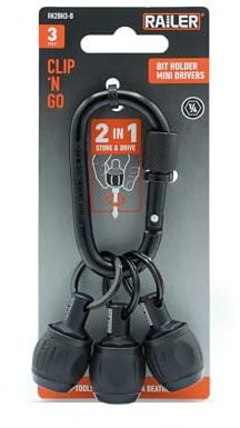 Hex Shank Bit Holder Keychain Carabiner Set Quick Release Soft Ball Grip | Ergonomic soft cushion grip for comfortable tool belt carry. Dual locking collar secures 1/4 drill bits & nut drivers.