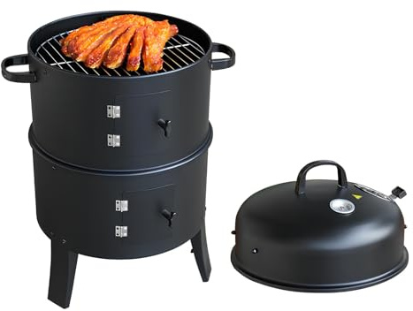 Parrilla portátil 3 en 1, parrilla de carbón sin humo para acampar al aire libre e interior con termómetro integrado, barbacoa versátil y ahumador para una parrilla perfecta