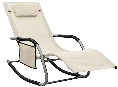 SooIarix Sun Lounger Textilene Cream and Gray, Adjustable Reclining Deck Chair with Pillow and Side Bag, Weather-Resistant Outdoor Garden Beach Pool Furniture