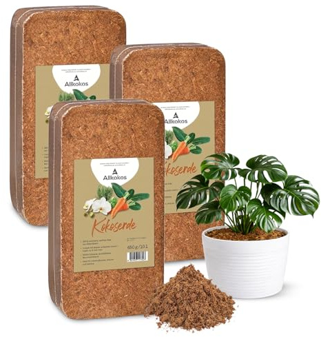 Allkokos 3x650g hochwertige Kokoserde für Pflanzen & Blumen | Block quillt zu 9L Pflanzenerde, torffreies Kokossubstrat, 100% natürliche Kokosfaser Erde mit pH 5,5–6,8