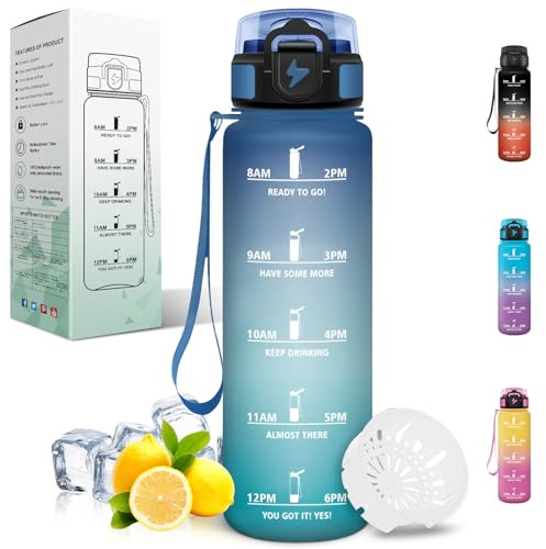Motswedi Borraccia 1 Litro, con Filtro, Borraccia Palestra, a Prova di Perdite, Bottiglia acqua, Motivazionale, Borracce 1 litro, per Palestra, Escursionismo, Ciclismo, Blu & Verde