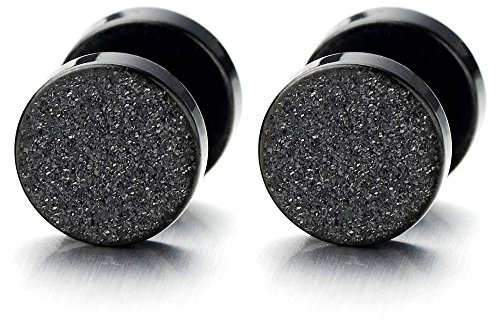 6MM Círculo Negro Satinado Enchufe falso Fake Plug, Pendientes de Hombre, Aretes, Acero Inoxidable, 2 Piezas