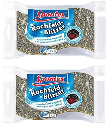 Spontex Kochfeld-Blitzer - Glaskeramik reiniger - für Glaskeramik und andere empfindeliche Oberflächen - mit Reinigungs- & Scheuerseite - 2er Pack