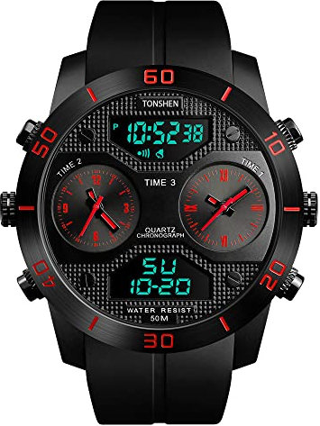 TONSHEN Orologi da Polso da Uomo Impermeabile 50M Analogico Quarzo LED Digitale Tre Tempo Acciaio Inossidabile Cassa e Gomma Cinturino Cool Outdoor Sportivo Orologio (Rosso)