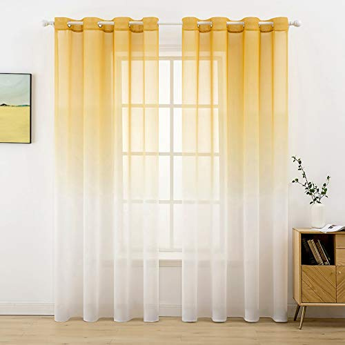 MIULEE Gardinen Transparent Vorhänge Farbverlauf Voile Sheer 2er Set Vorhang mit Ösen Dekoschal Fensterschal für Schlafzimmer und Wohnzimmer 225 cm x 140 cm(H x B) Orange-weiß