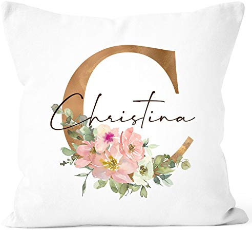 SpecialMe® Kissen-Bezug mit Namen personalisiert Anfangsbuchstabe Initiale Blumen-Ranken persönliche Geschenke weiß 40cm x 40cm