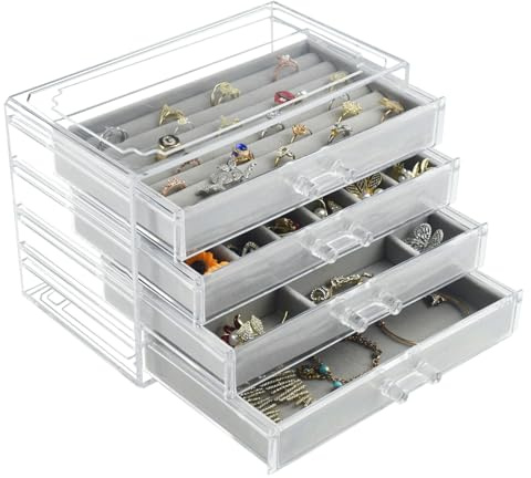 Weiai Acrylic Jewelry Organizer, Clear Jewelry Box with 4 Drawers, Jewelry Case Storage for Women (Gray)